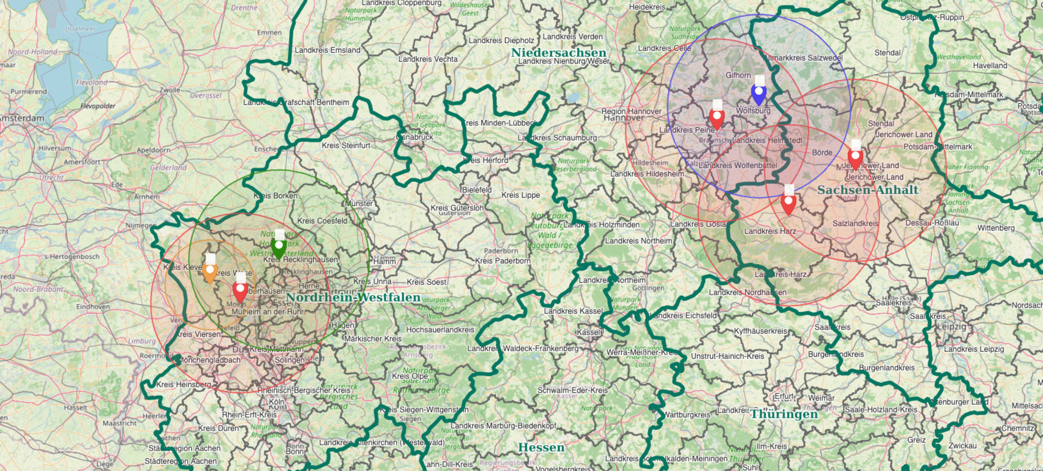 Karte des Einzugsgebiets: Servicegebiete rund um Essen/Geldern und Braunschweig/Wolfsburg/Hannover mit jeweils ca. 80 km Radius